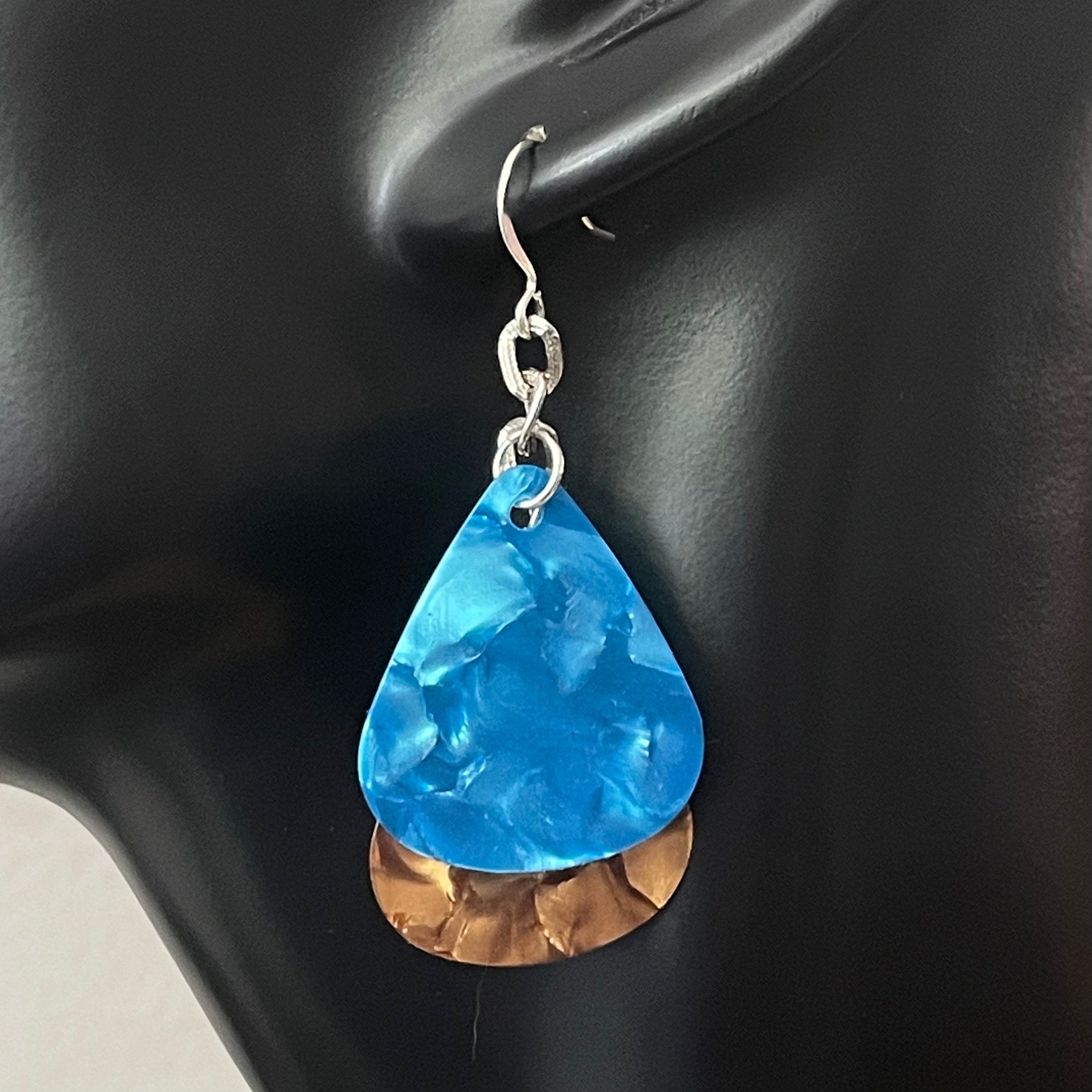 Dangling Guitar Pick Statement Earrings 2.25" Blue & Gold Nashville Musician Lightweight