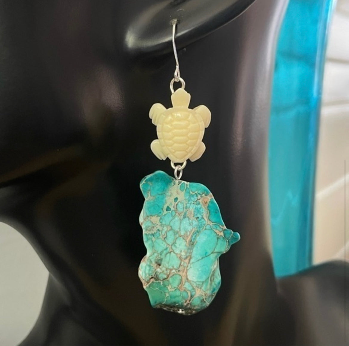 Turtle & Marbled Blue Imperial Jasper Earrings 3" Ivory Acrylic Coastal Western Statement Women Gift Everyday Fashion Handmade Jewelry