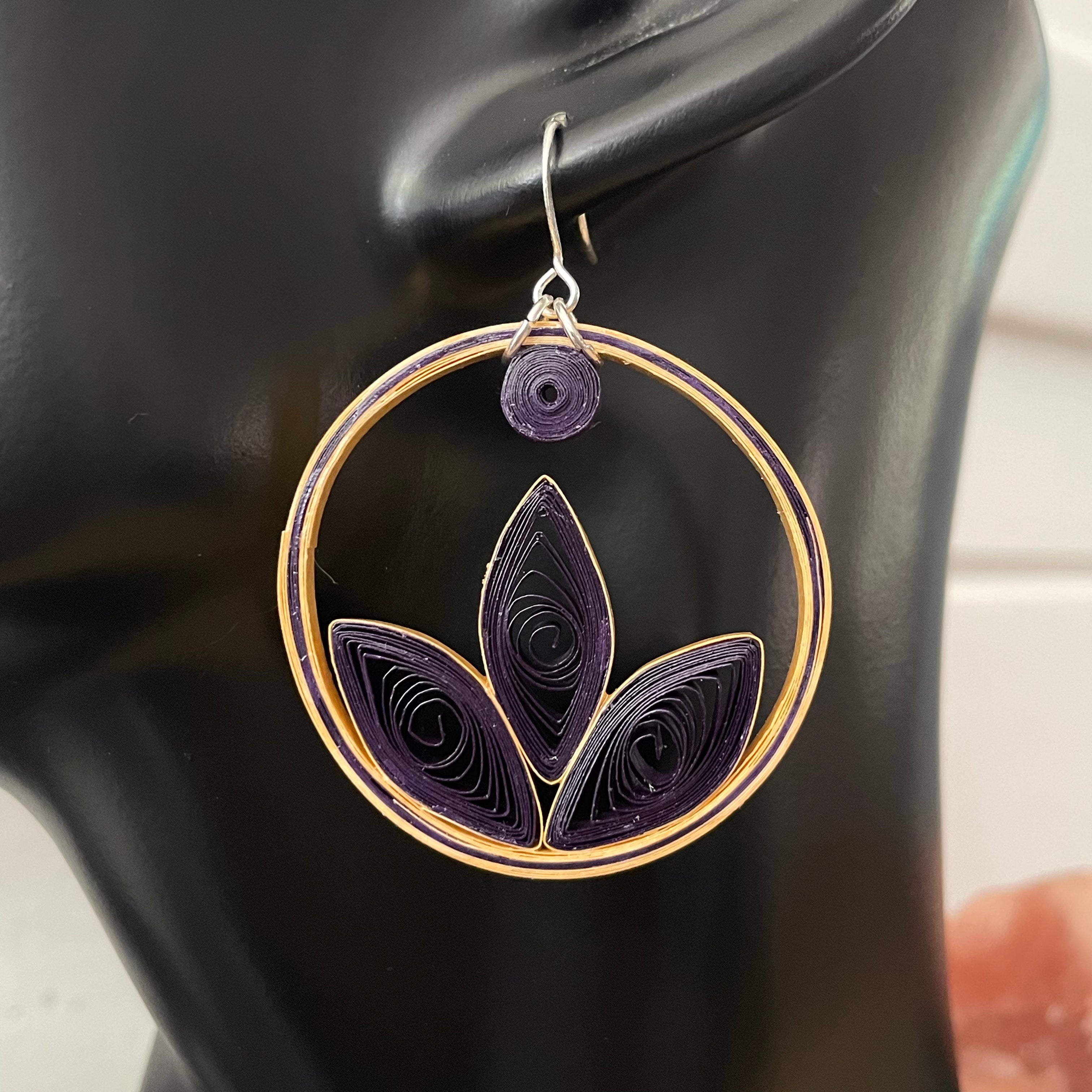 Dark Purple & Tan Quilled Paper Hoop Earrings 2" Floral Geometric Boho Upcycled Repurposed Unique Statement