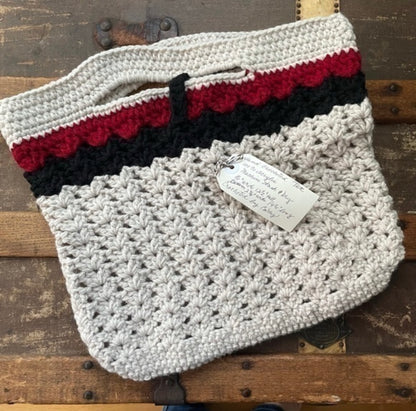 Oversize Purse Hand Crocheted Tote Large Bag Off White Cream Red Wine & Black Stripe