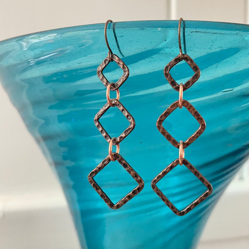 Geometric Hammered Copper Dangle Earrings 2.25” Long Textured Minimalist Women Gift Everyday Fashion Handmade Jewelry