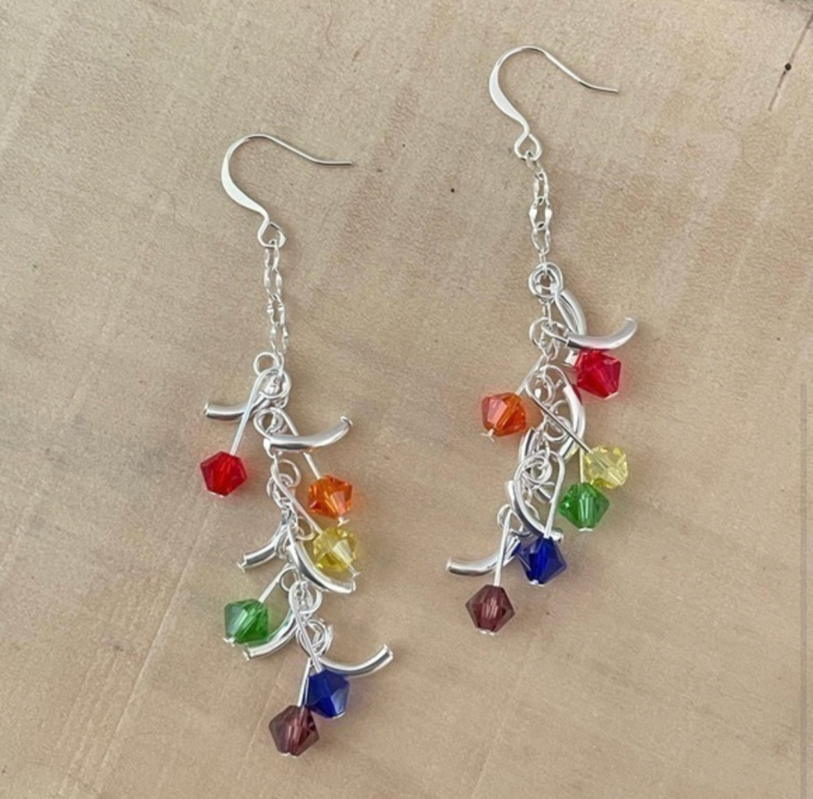Rainbow Swarovski Crystal & Mini Curved Bar Dangle Earrings 3" Long Sparkle Pride LGBT Ally Colorful Glam
