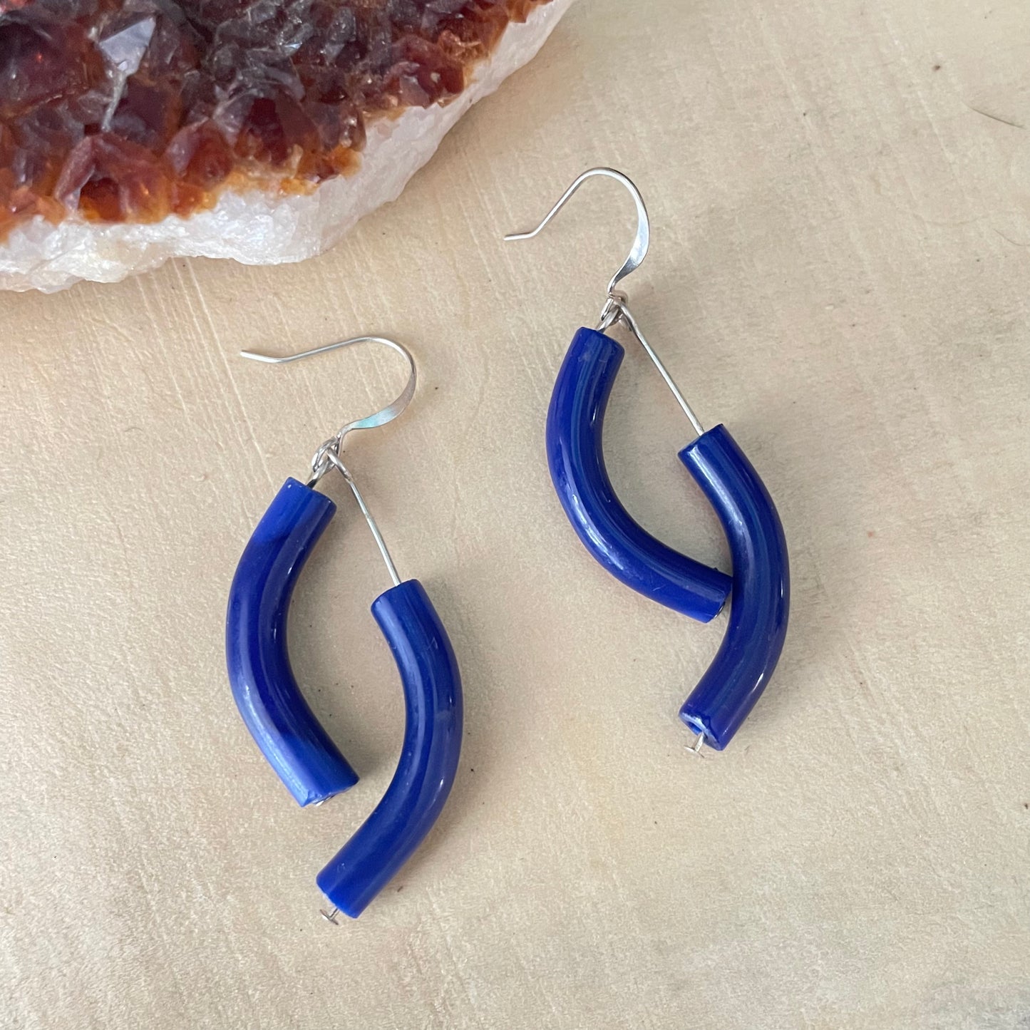 Dangling Dark Blue Curved Glass Earrings 2" Colorful Bold Versatile Daily Wear