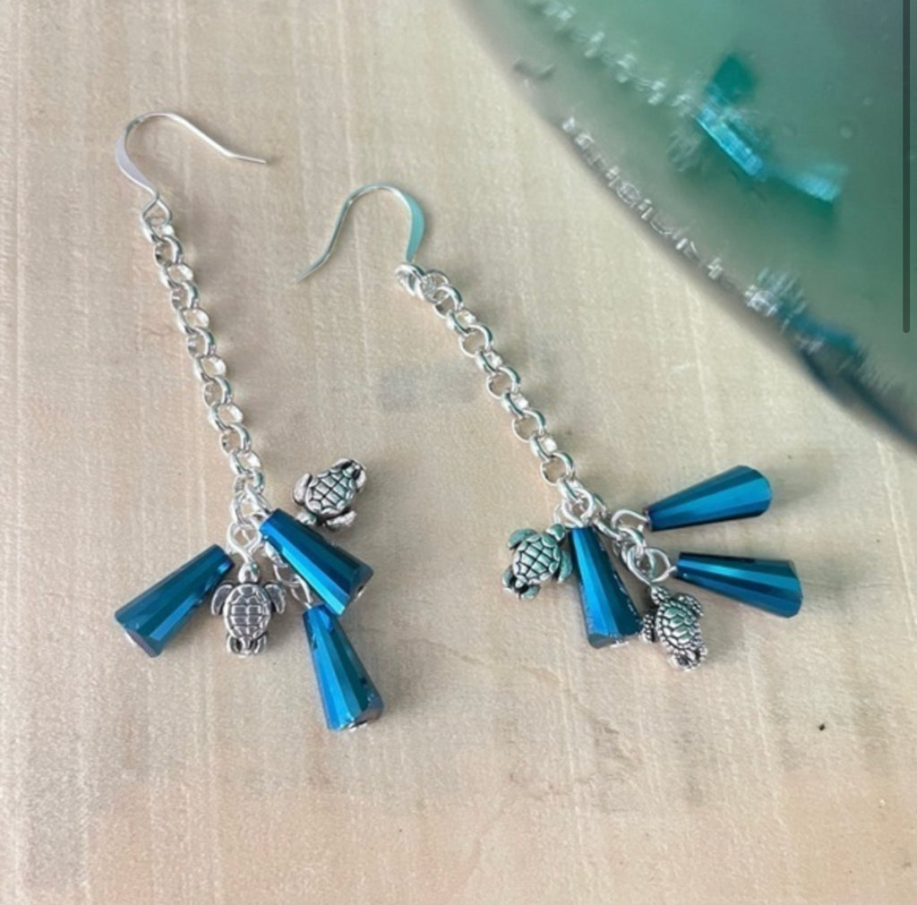 Dark Blue Swarovski Crystal Mini Turtle Statement Earrings 2.75" Coastal Resort Elegant Ocean Vacation