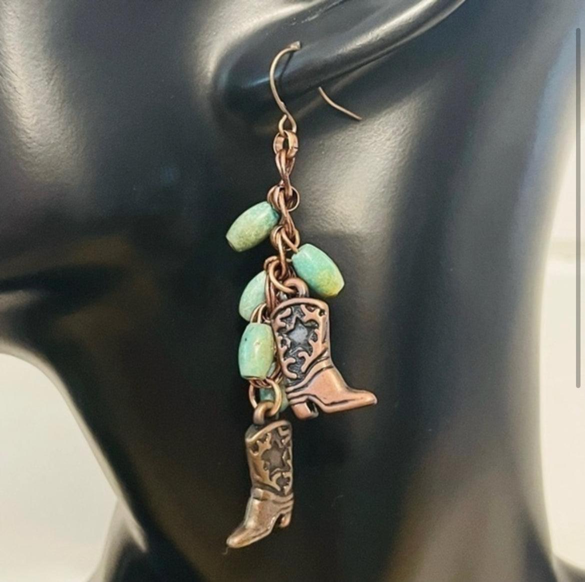 Copper Boot & Turquoise Statement Earrings Handmade 2.75” Cowgirl Cowboy Nashville Western