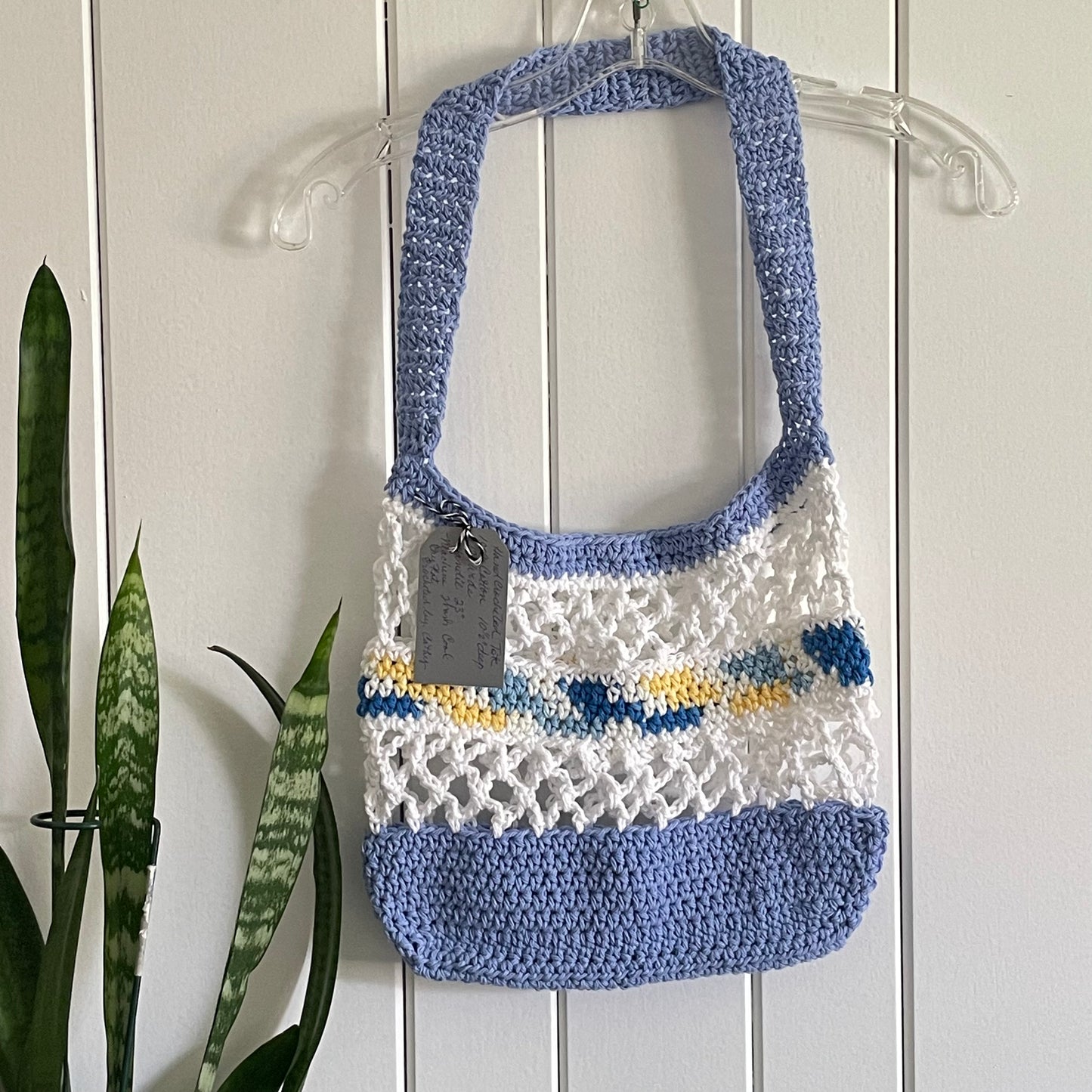 Ocean Vibes Blue White Yellow Tote Bag Purse Cotton Reusable Boho Multicolor Hand Crocheted Knit Coastal Resort