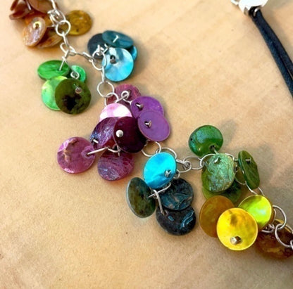 Delicate Dangling Rainbow Shell & Cord Choker Necklace 16" LGBT+ Pride Colorful Coastal