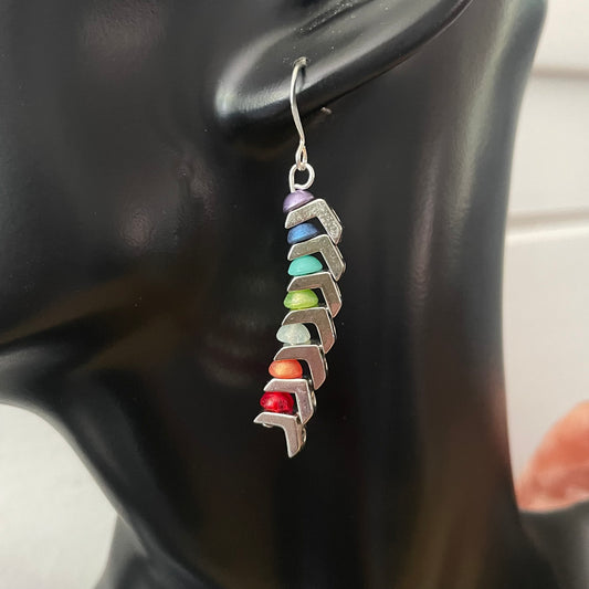 Chakra Aligned Metal Chevron & Czech Glass Disc Earrings 2" Statement Colorful Geometric Rainbow Angled