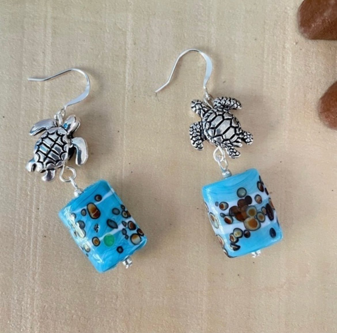 Metal Turtle & Turquoise Blue Painted Glass Statement Drop Earrings 2.25" Ocean Coastal Colorful Sea