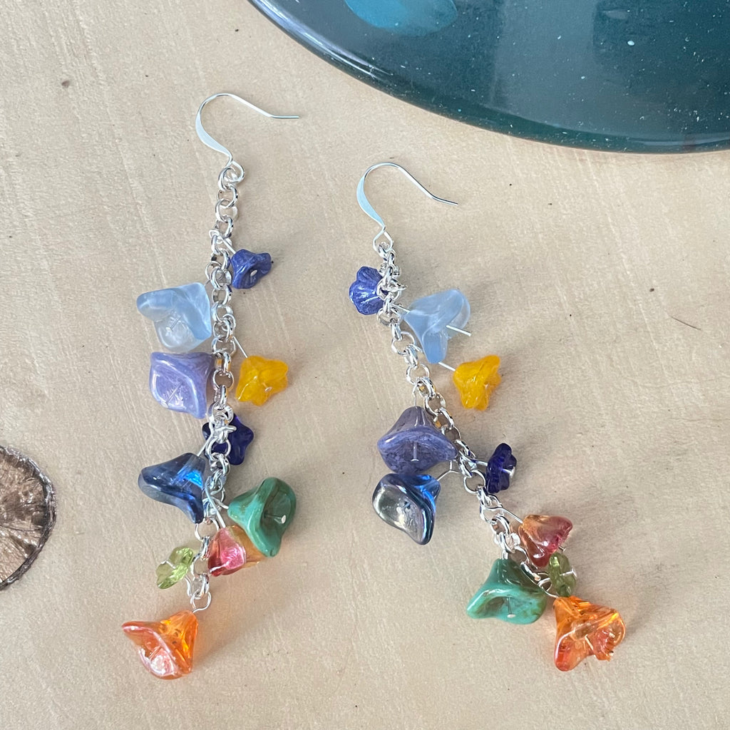 Long Colorful Glass Flower & Chunky Chain Dangle Earrings 3.75" Spring Summer Floral Women Gift Everyday Fashion Handmade Jewelry