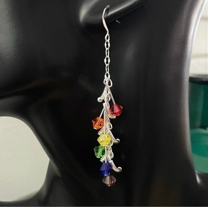 Rainbow Swarovski Crystal & Mini Curved Bar Dangle Earrings 3" Long Sparkle Pride LGBT Ally Colorful Glam