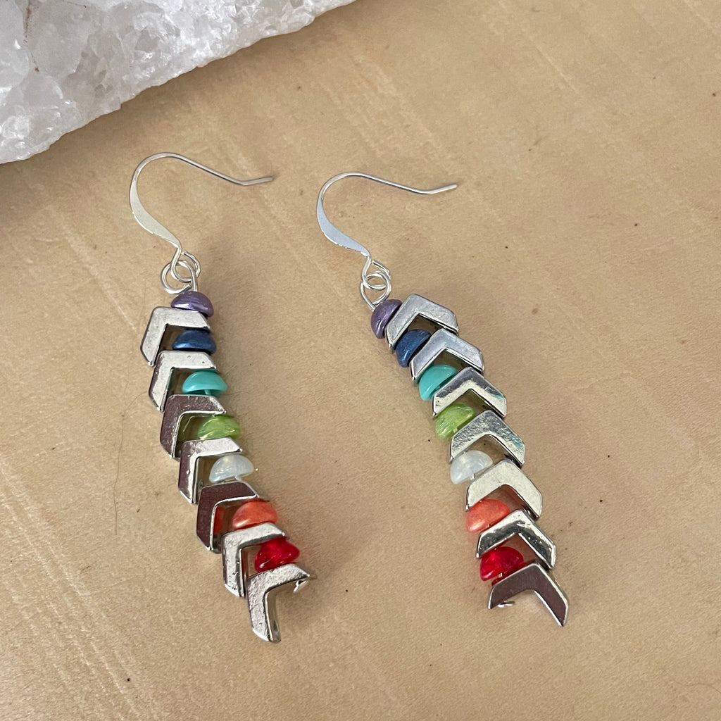 Chakra Aligned Metal Chevron & Czech Glass Disc Earrings 2" Statement Colorful Geometric Rainbow Angled