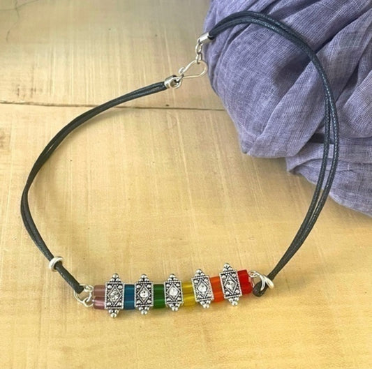 Frosted Rainbow Glass Choker Necklace 16" Antiqued Bling Textured Pride LGTBQ Ally Cord Colorful