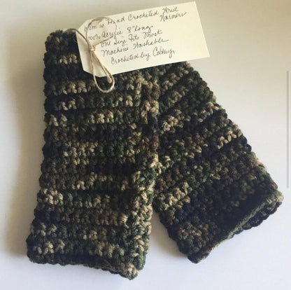 Camo Gaming Texting Fingerless Gloves Camouflage Marbled Dark Greens Browns Crochet Knit Fall Winter Writing Tech Wrist Warmers