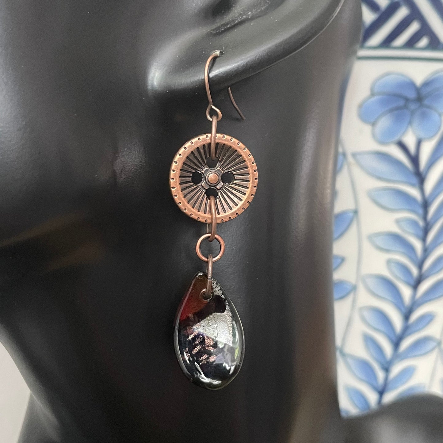 Copper Button & Swirled Glass Teardrop Dangle Earrings 2.5" Upcycled Repurposed Fall Colors