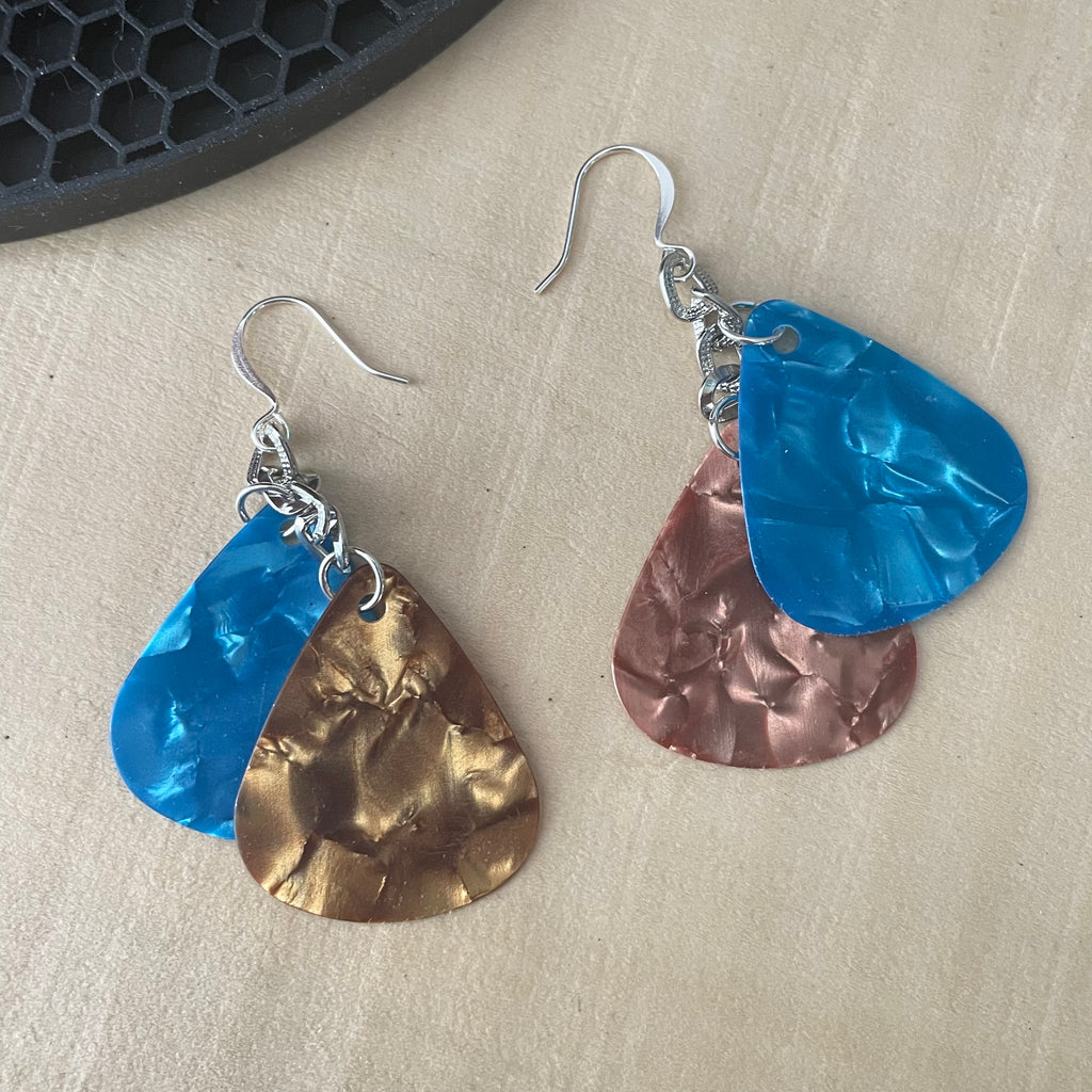 Dangling Guitar Pick Statement Earrings 2.25" Blue & Gold Nashville Musician Lightweight