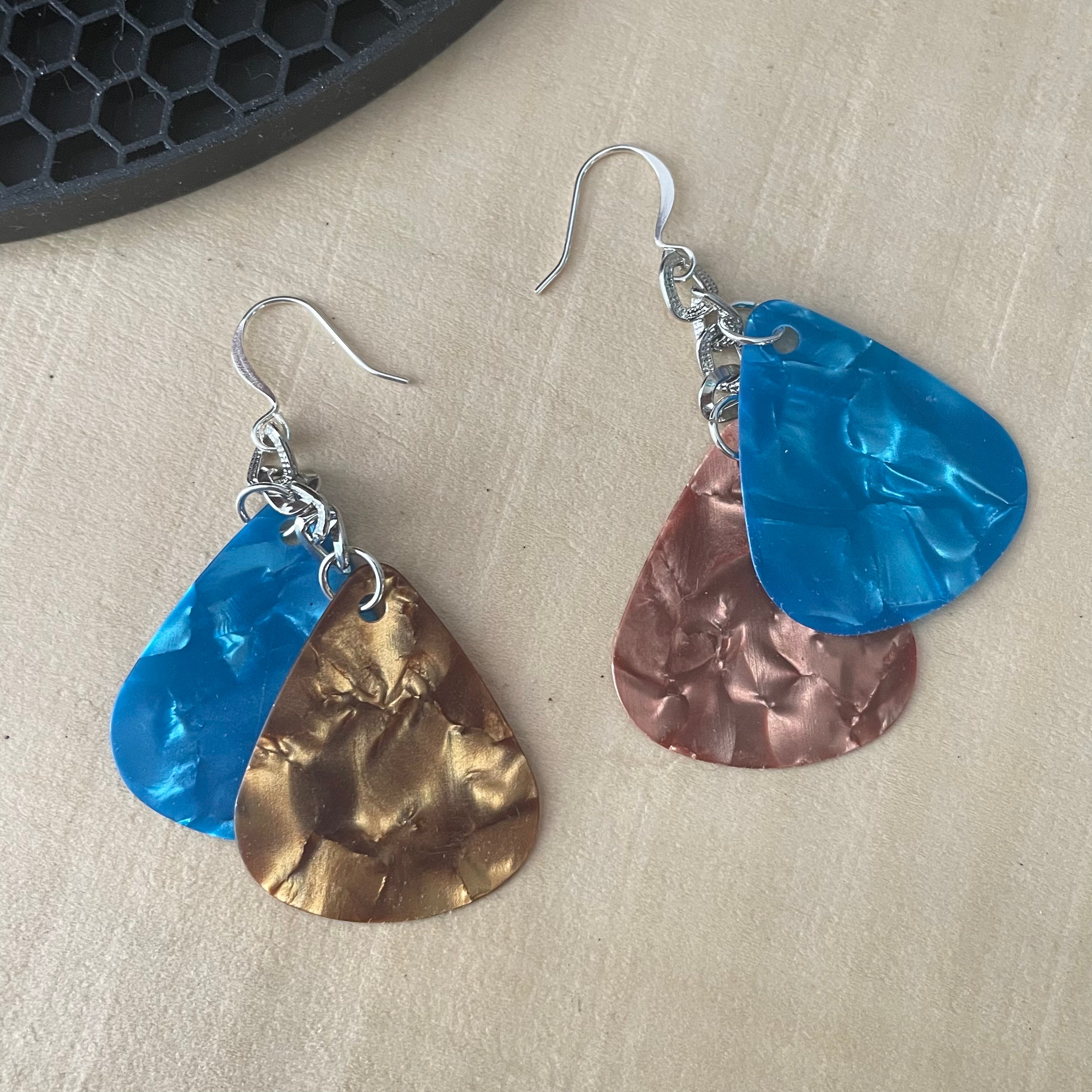 Dangling Guitar Pick Statement Earrings 2.25" Blue & Gold Nashville Musician Lightweight