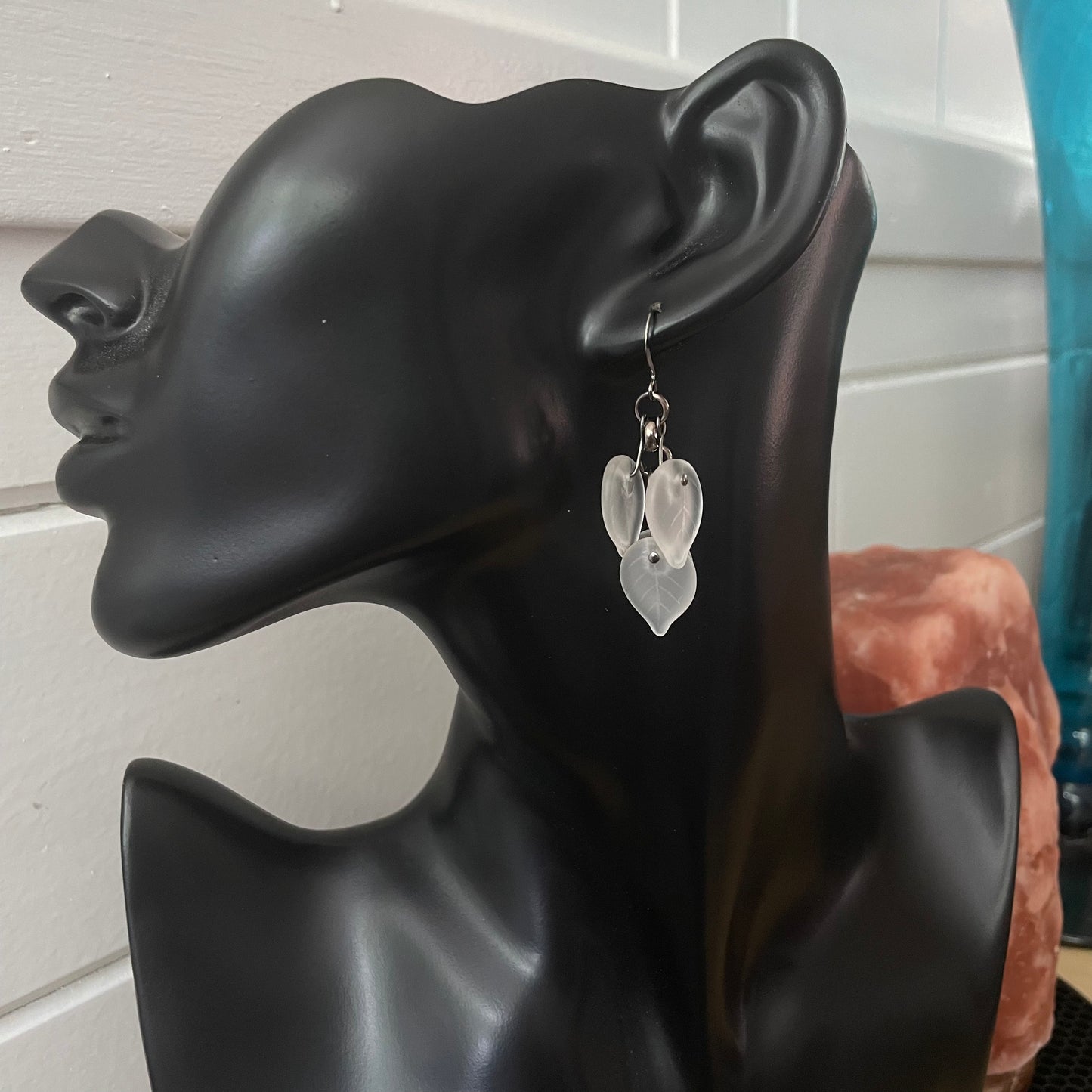Frosted White Glass Leaf & Chunky Gunmetal Chain Earrings 2.25" Spring Summer