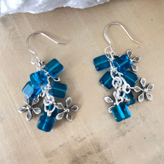 Mini Square Blue Glass Bead & Antiqued Flower Dangle Earrings 1.5” Geometric Floral Mixed Metal