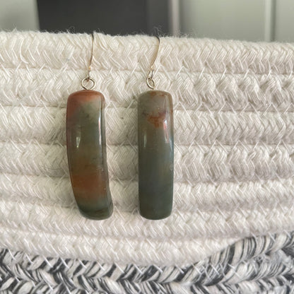 Long Marbled Jasper Dangle Earrings 2" Green & Orange Fall Colors Women Gift Everyday Fashion Handmade Jewelry