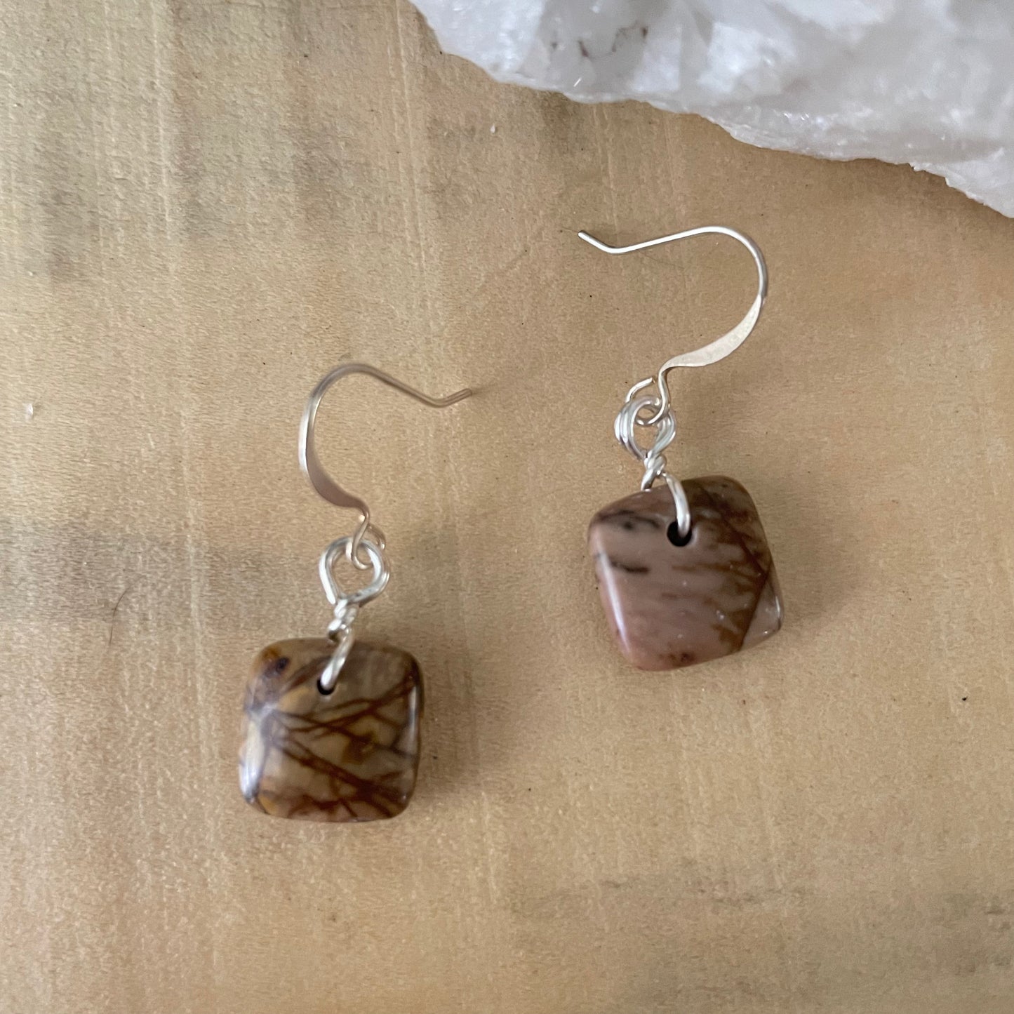 Mini Square Jasper Drop Earrings 1.25” Geometric Fall Brown Marble Tones Minimalist