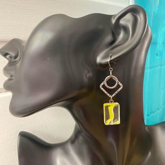 Yellow Swirl Glass Bead & Hammered Gunmetal Dangle Earrings 2.5” Geometric Clear Spring Summer