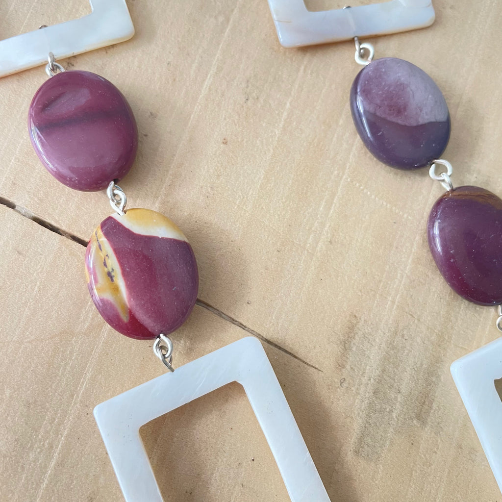 Marbled Moukaite Jasper & Iridescent Shell Necklace 29" Geometric Multicolor Mauve Cream Ivory Hand Crafted