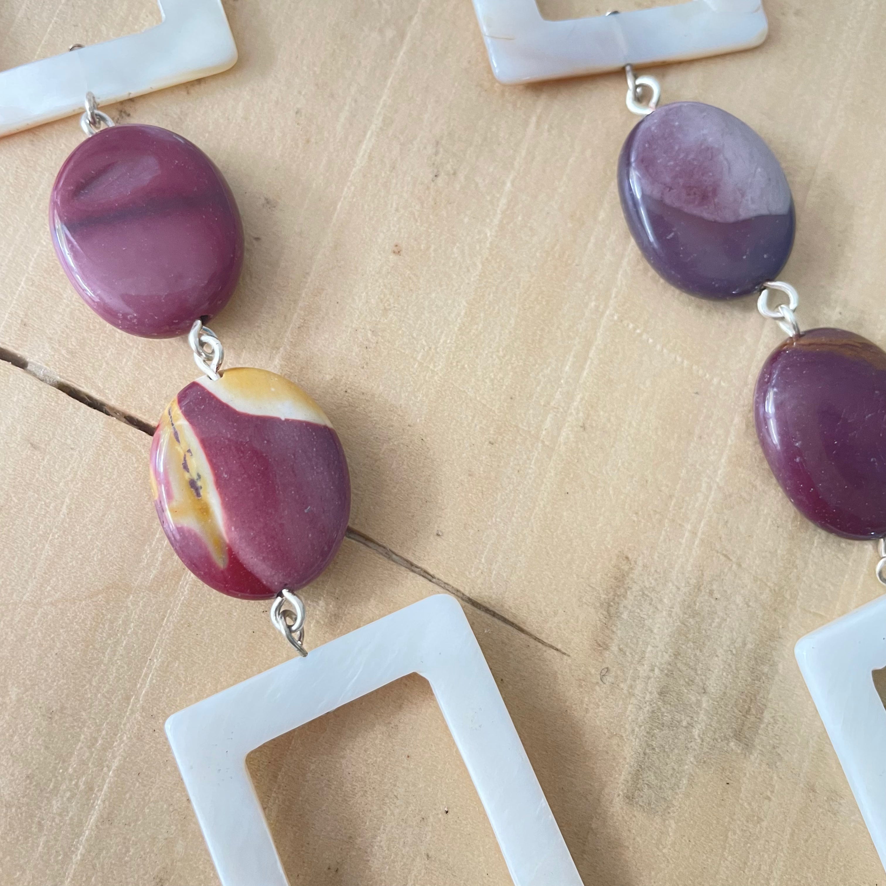 Marbled Moukaite Jasper & Iridescent Shell Necklace 29" Geometric Multicolor Mauve Cream Ivory Hand Crafted