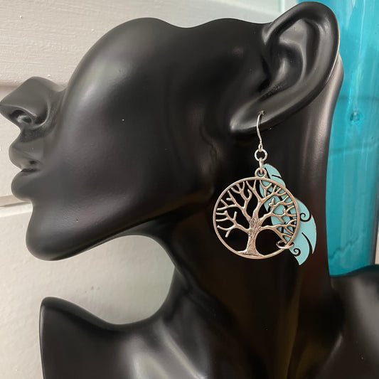 Hand Crafted Antiqued Tree of Life & Hand Stained Turquoise Wood Feather Earrings 2.25” Boho Mixed Metal Women Gift