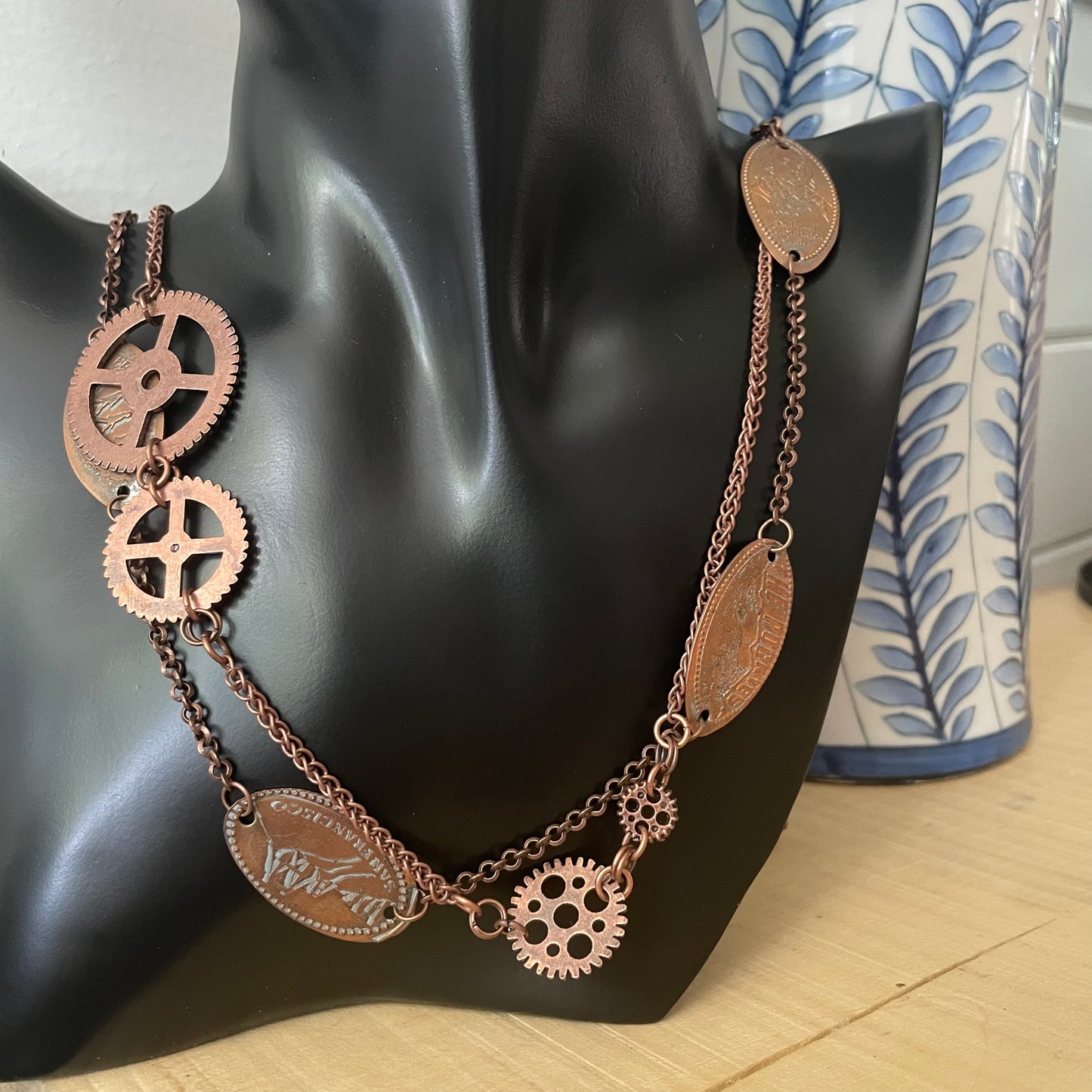 Long Flattened Penny Gear & Copper Chain Statement Necklace 28" Layered Upcycled Steampunk
