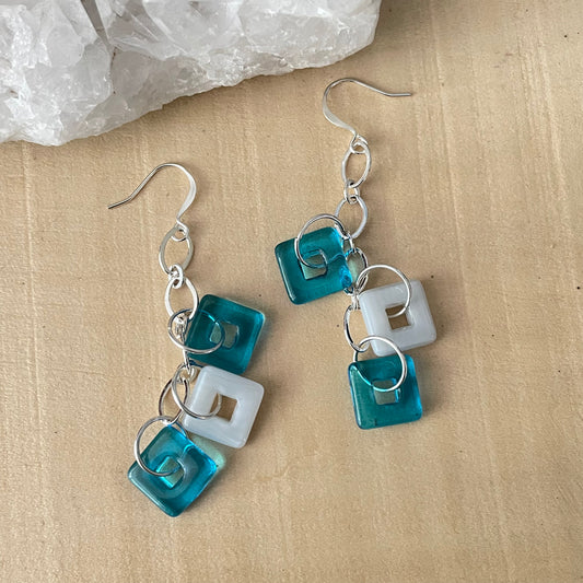 Long Blue & White Geometric Glass Wide Chain Earrings 2.75" Everyday Colorful Square Dangles Hand Crafted