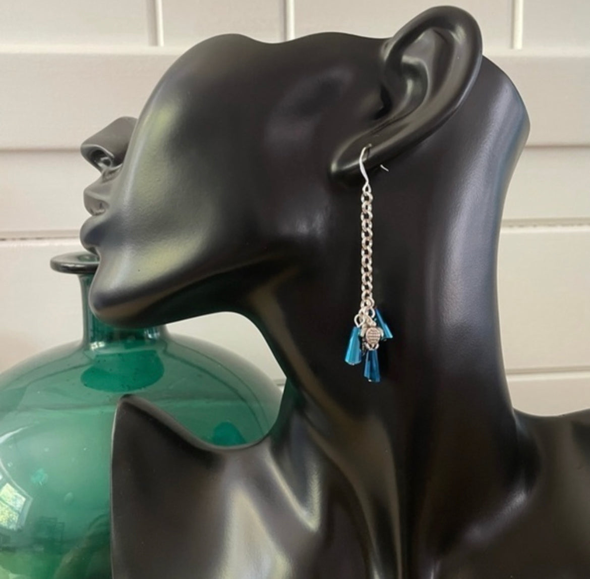 Dark Blue Swarovski Crystal Mini Turtle Statement Earrings 2.75" Coastal Resort Elegant Ocean Vacation