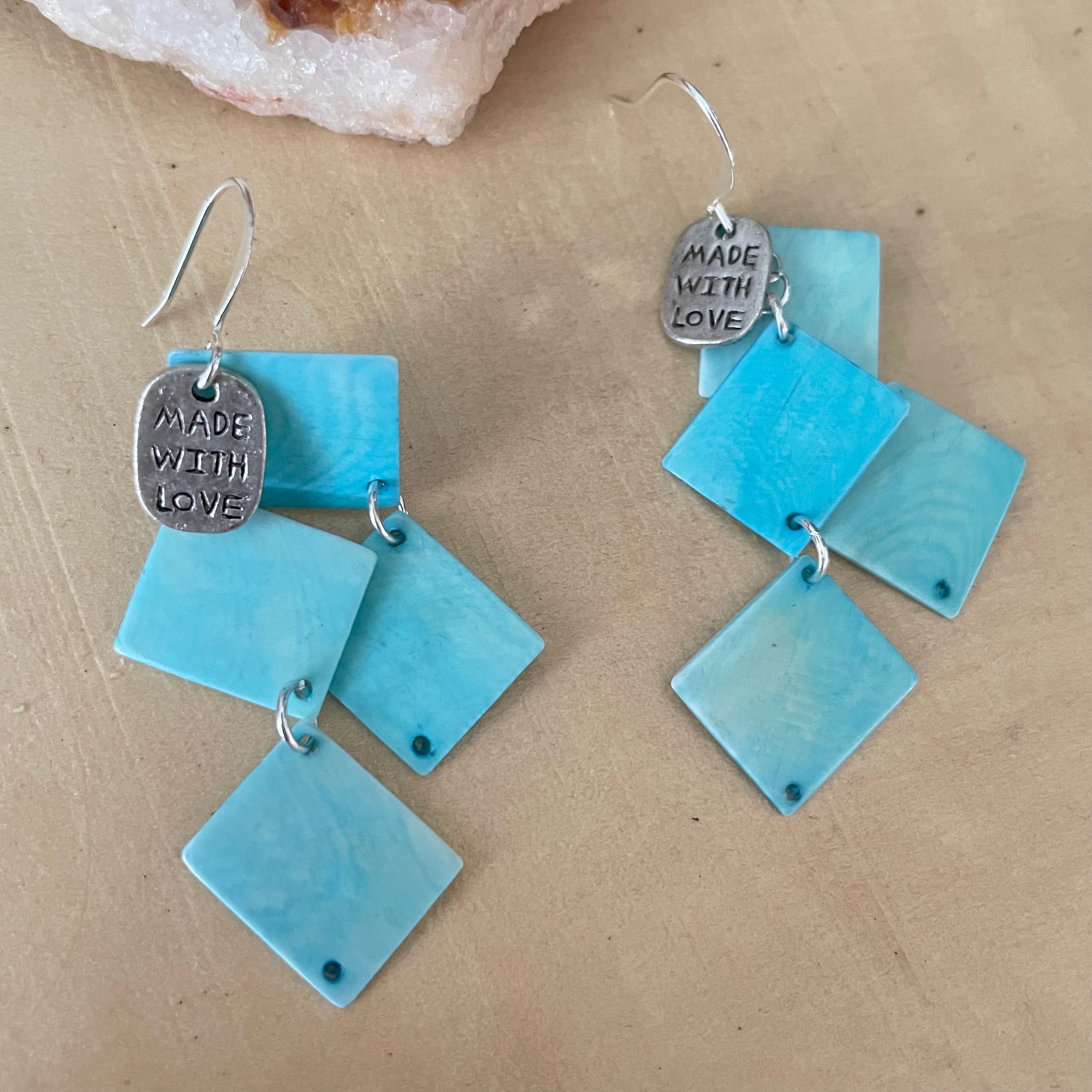 Made With Love Pastel Blue Shell Earrings 2.25" Lightweight Baby Shower New Mom Gift Women Everyday Fashion Handmade Jewelry
