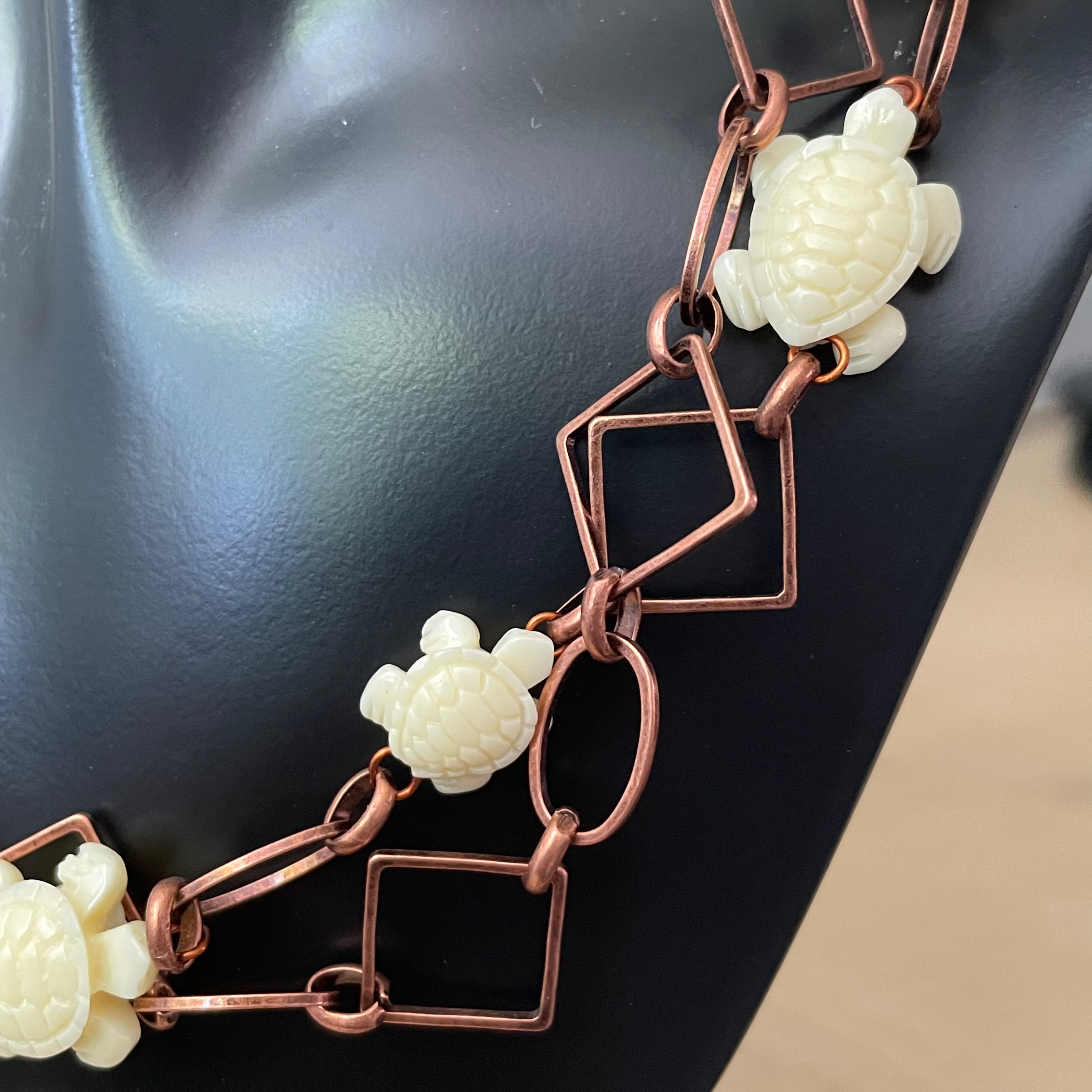 Layered Geometric Copper Chain & Ivory Turtle Necklace 27" Coastal Statement Large Link