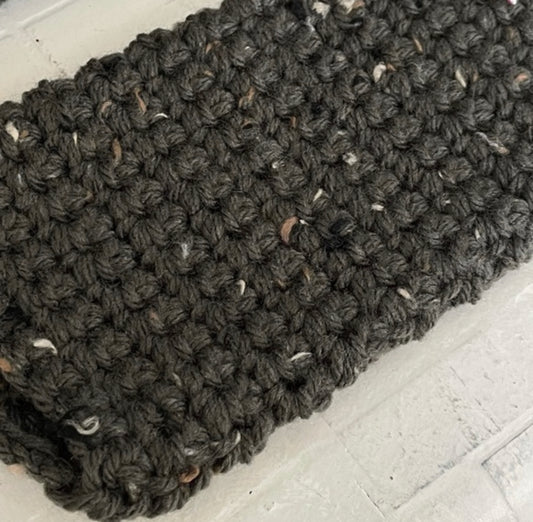 Texting Tech Wrist Warmers Charcoal Green Gray Speckled Tweed Crochet Knit Fall Winter Writing Gaming Fingerless Gloves