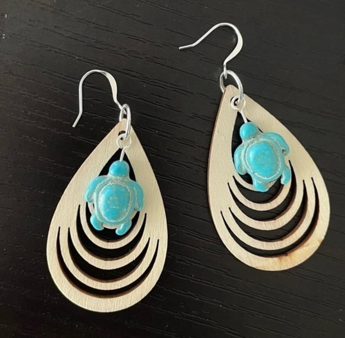 Blue Magnesite Turtle & Natural Stamped Wood Statement Earrings 2.75” Coastal Resort Ocean Sea--earrings displayed on black background