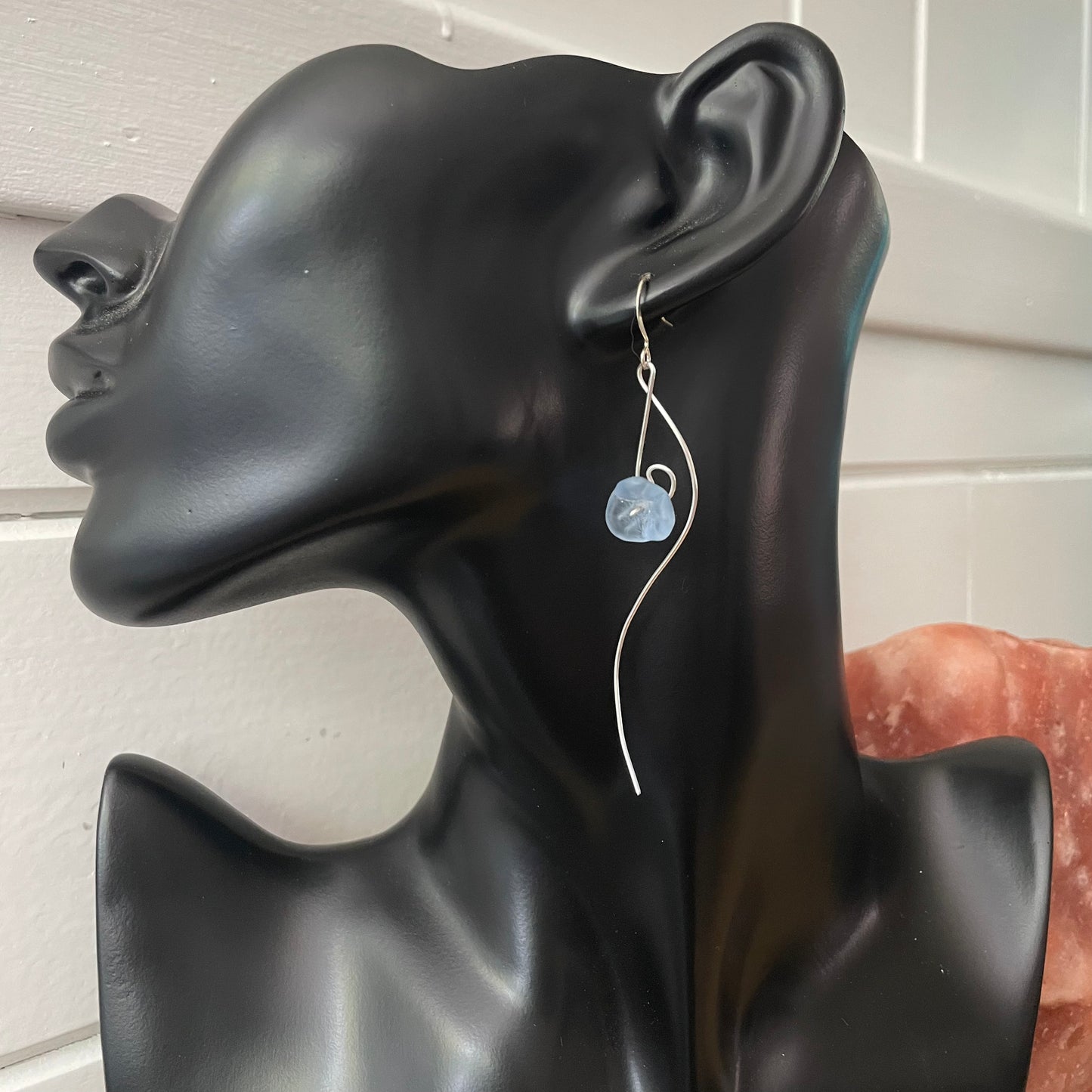 Long Pastel Blue Czech Glass Flower & Hand Curved Wire Dangle Earrings 3.5" Romantic Floral Women Gift Everyday Fashion Handmade Jewelry