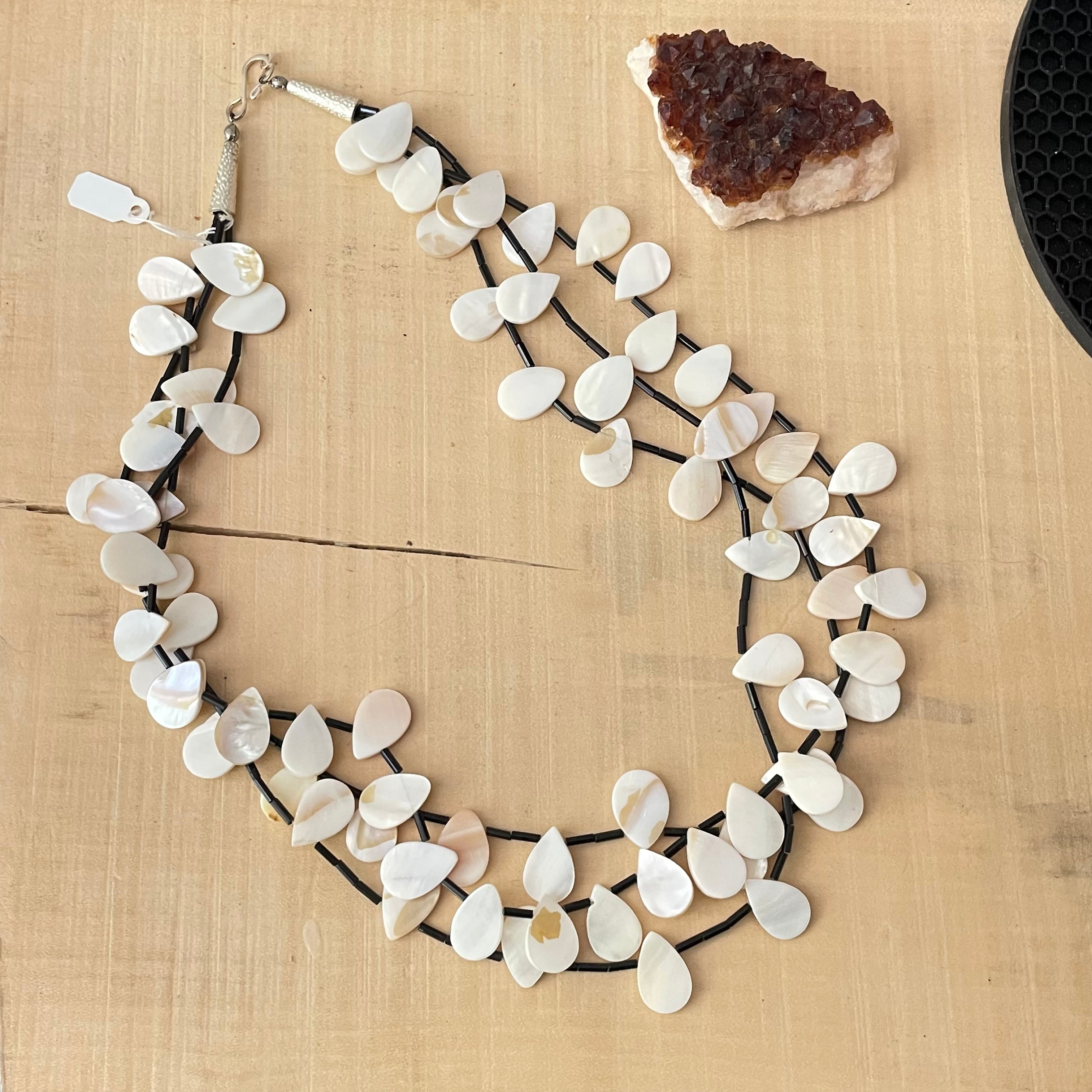 Layered Teardrop Shell Statement Necklace 22.5" Ivory Cream Black Coastal Resort Drama