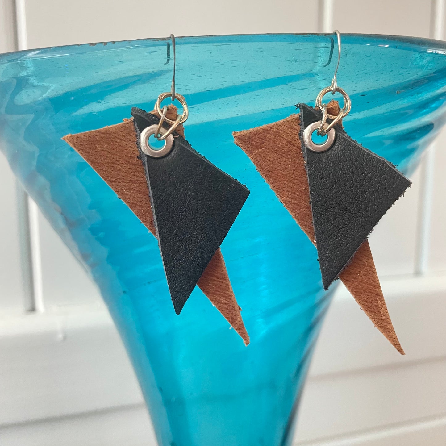 Dangling Brown & Black Leather Geometric Statement Earrings 3" Western Nashville Triangle