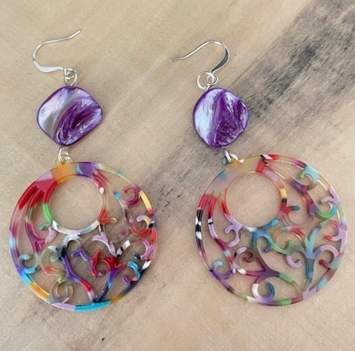 Rainbow Acrylic Hoop Earrings Purple Shell Accent 3" Colorful Pride