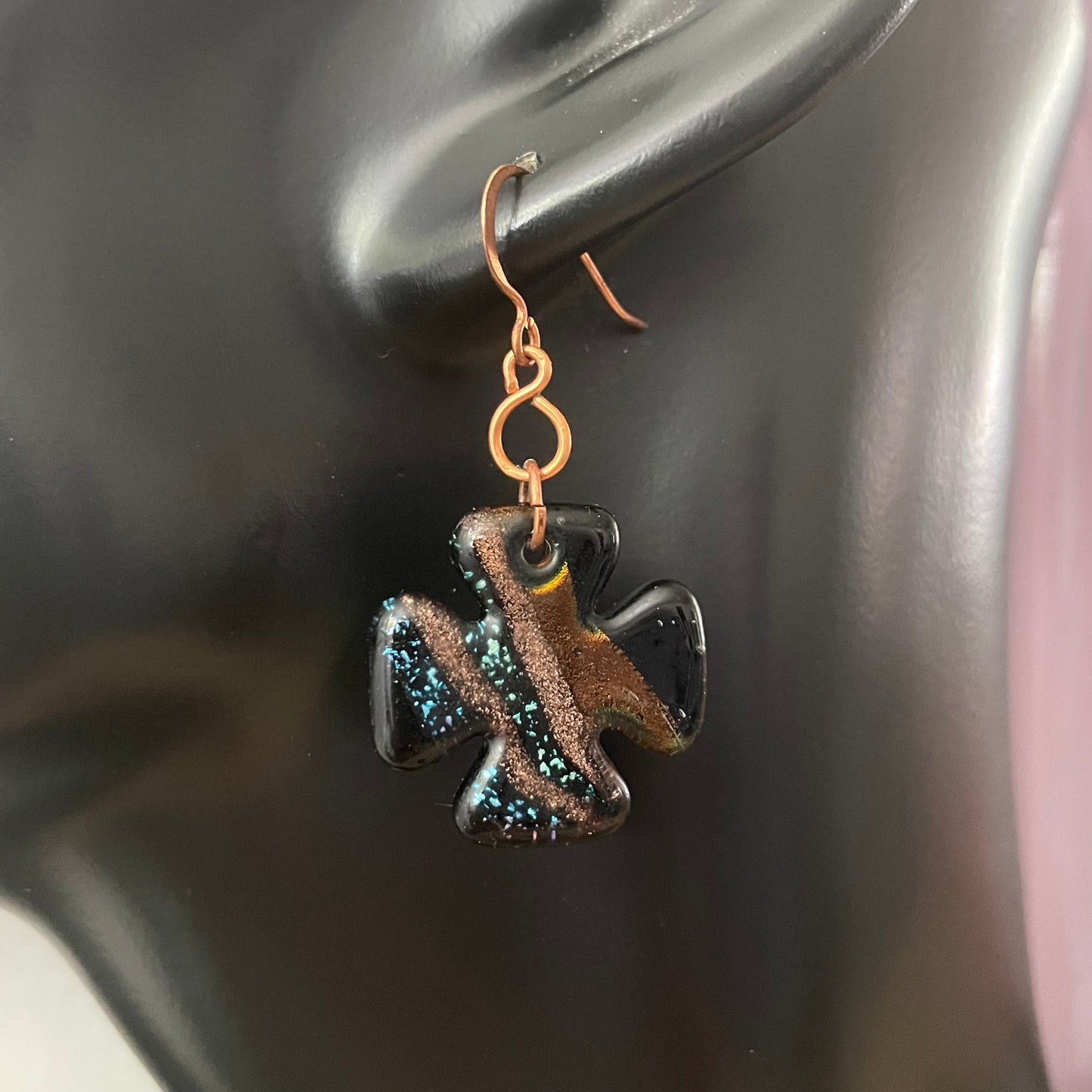 Dark Sparkling Glass Cross & Copper Dangle Earrings 1.75” Black Multicolor Boho
