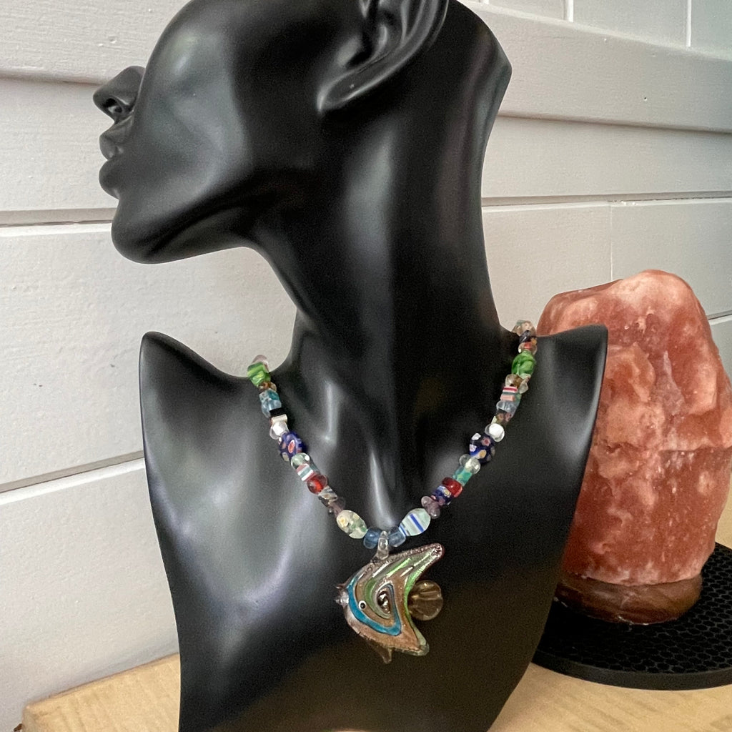 Colorful Glass Fish & Chunky Millefiori Bead Necklace 20.5" Coastal Bold Ocean