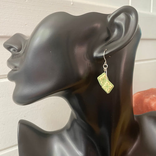 Cream & Green Acrylic Earrings 1.5" Floral Cream & Green Lightweight Double Flower