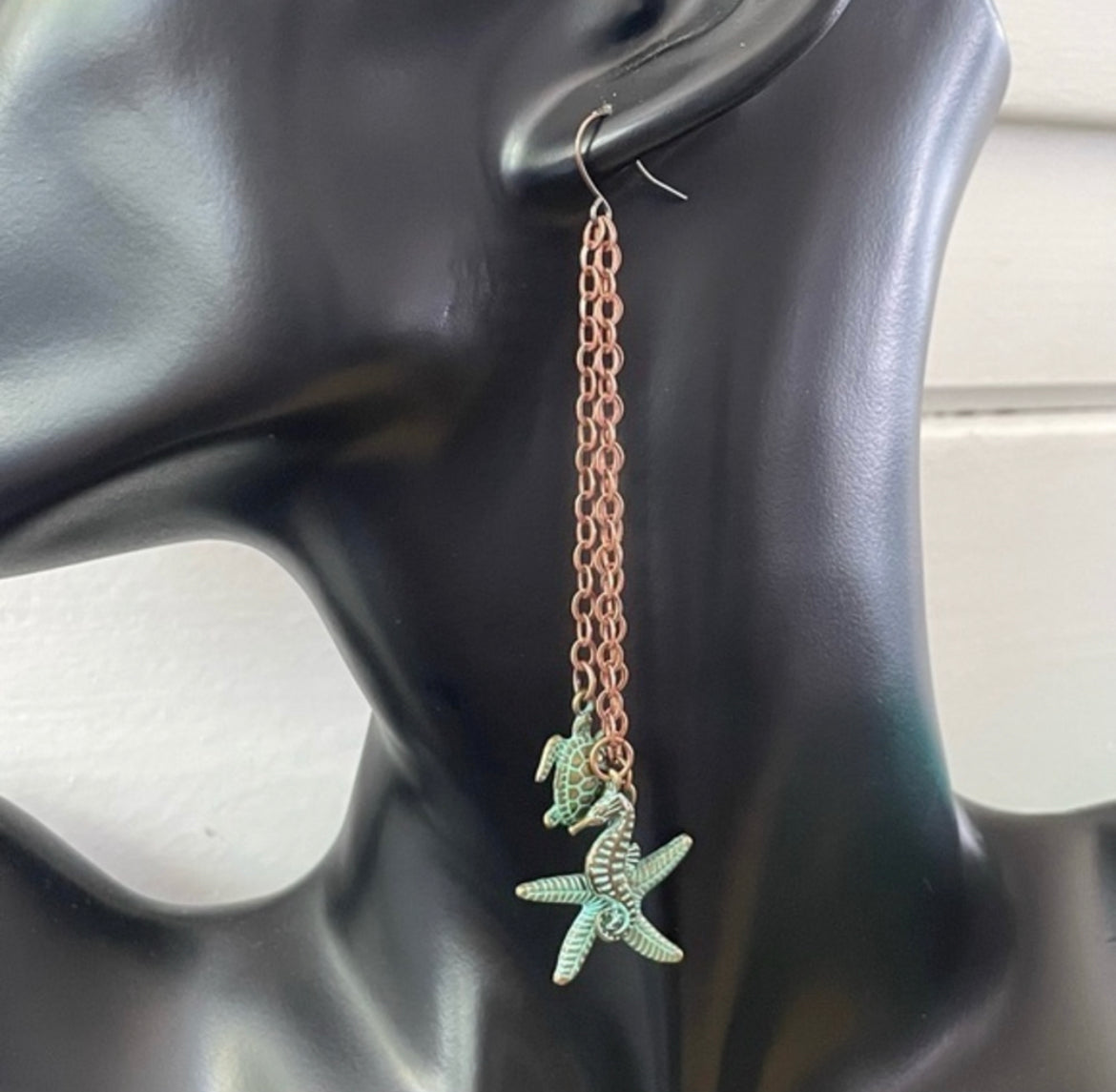 Long Mixed Metal Antiqued Brass Copper Dangle Statement Earrings 4” Turtle Starfish Seahorse Rustic Coastal Vacation