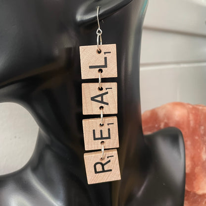 Long REAL Statement Earrings 4" Scrabble Tile Tan Wood Repurposed Upcycled Fun Game OOAK