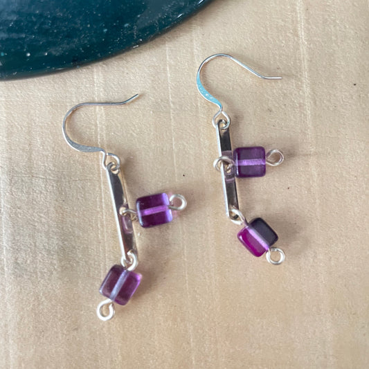Square Purple Glass Bead & Mini Metal Spacer Bar Earrings 1.75” Industrial Repurposed Upcycled
