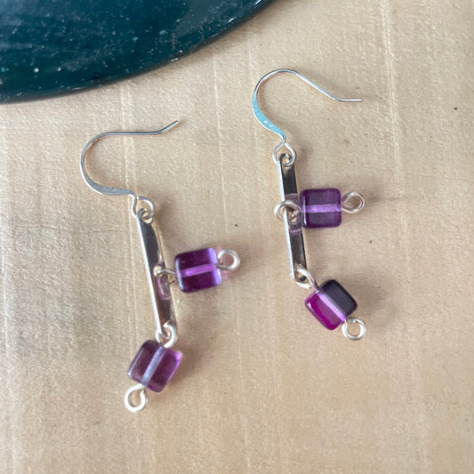 Square Purple Glass Bead & Mini Metal Spacer Bar Earrings 1.75” Industrial Repurposed Upcycled Women Gift Everyday Fashion Handmade Jewelry