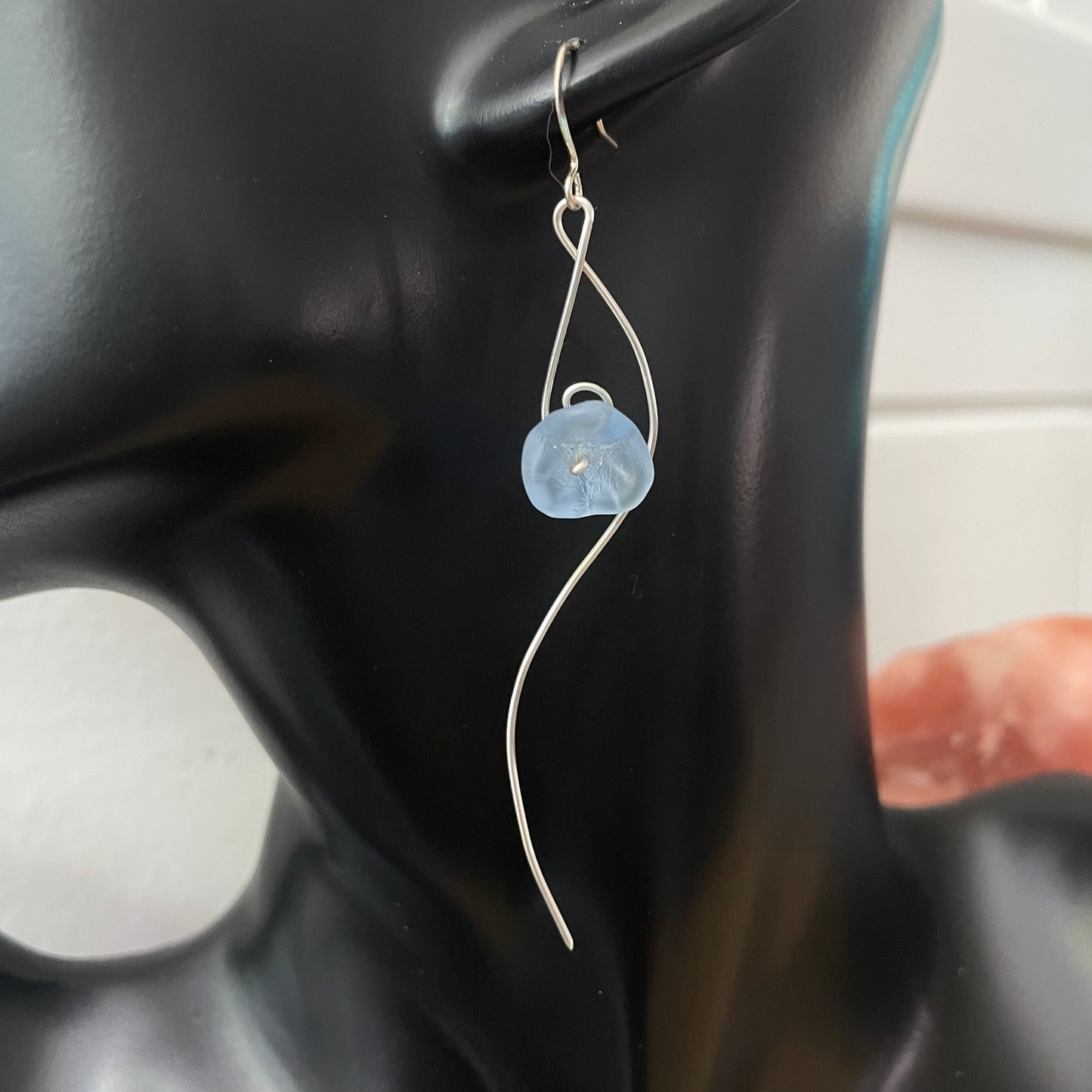 Long Pastel Blue Czech Glass Flower & Hand Curved Wire Dangle Earrings 3.5" Romantic Floral Women Gift Everyday Fashion Handmade Jewelry