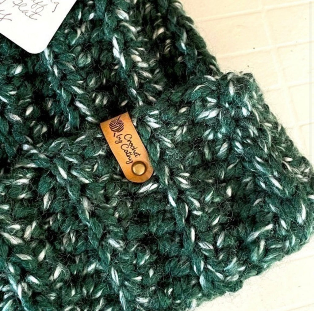 Extra Warm Ribbed Cable Knit Hat Forest Green & White Marbled Hand Crocheted Beanie 21" Winter Unisex Outdoor Stretch Adjustable Cuff