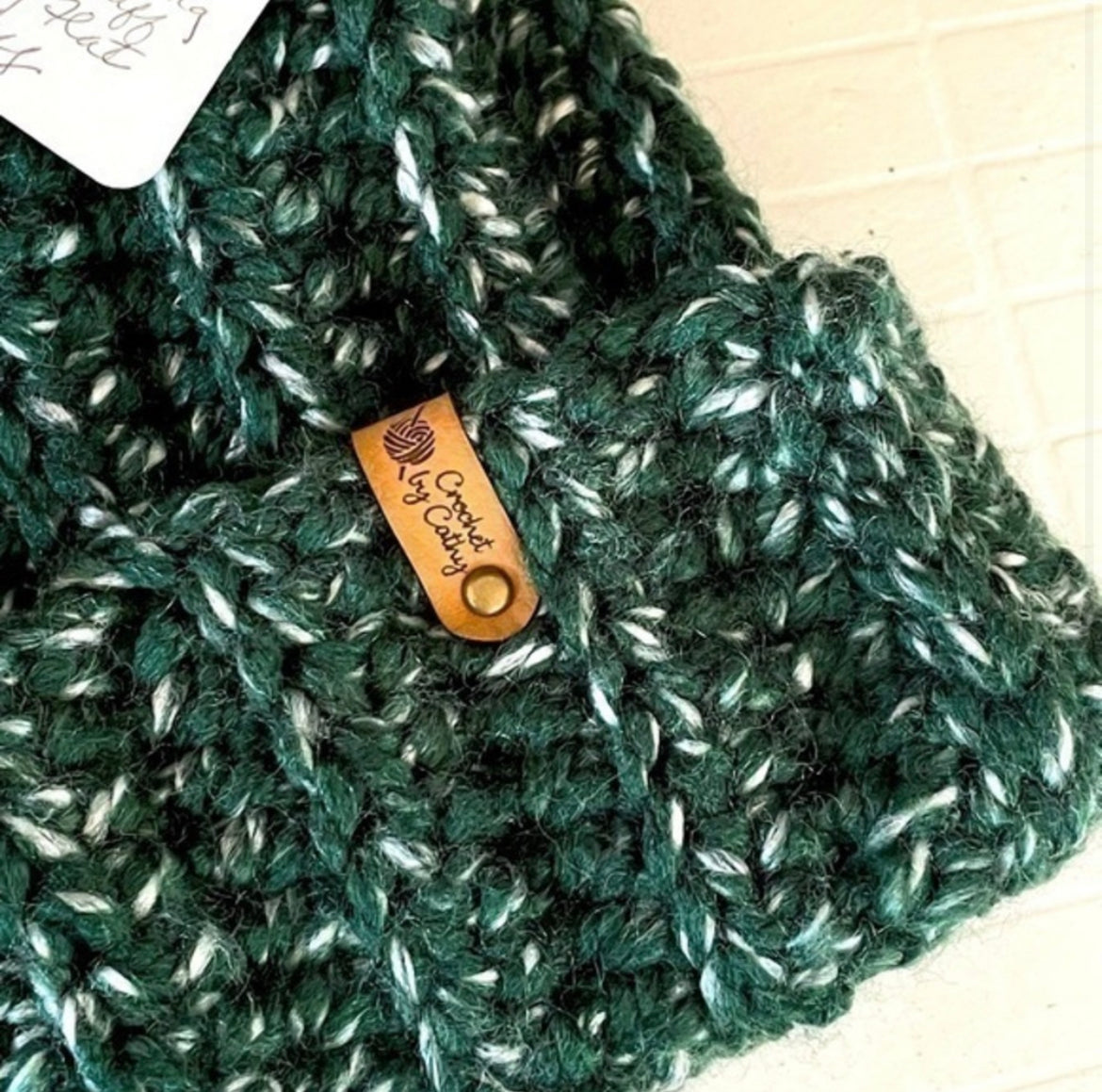 Extra Warm Ribbed Cable Knit Hat Forest Green & White Marbled Hand Crocheted Beanie 21" Winter Unisex Outdoor Stretch Adjustable Cuff